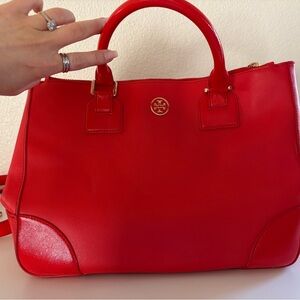 Tory Burch Robinson Medium Double Zip Tote Red Saffiano Leather Gold Hardware